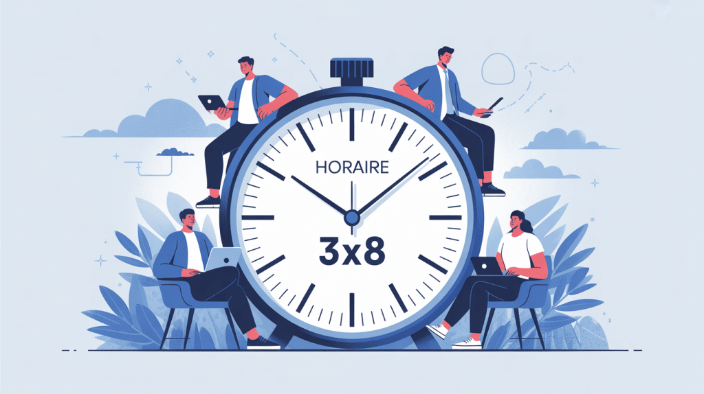 Illustration horaire 3x8 équipes autour d'une grande horloge