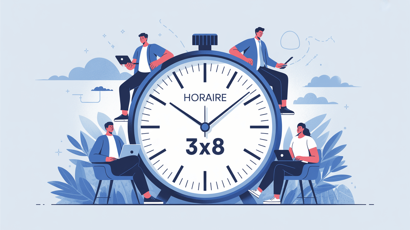 Illustration horaire 3x8 équipes autour d'une grande horloge