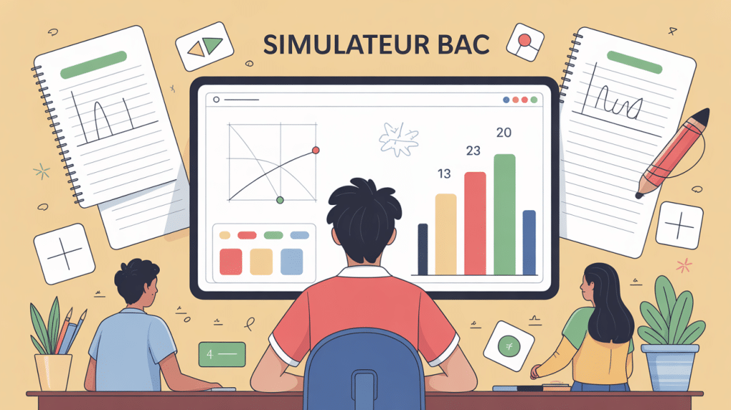 illustration simulateur bac avec ordinateur et diagrammes