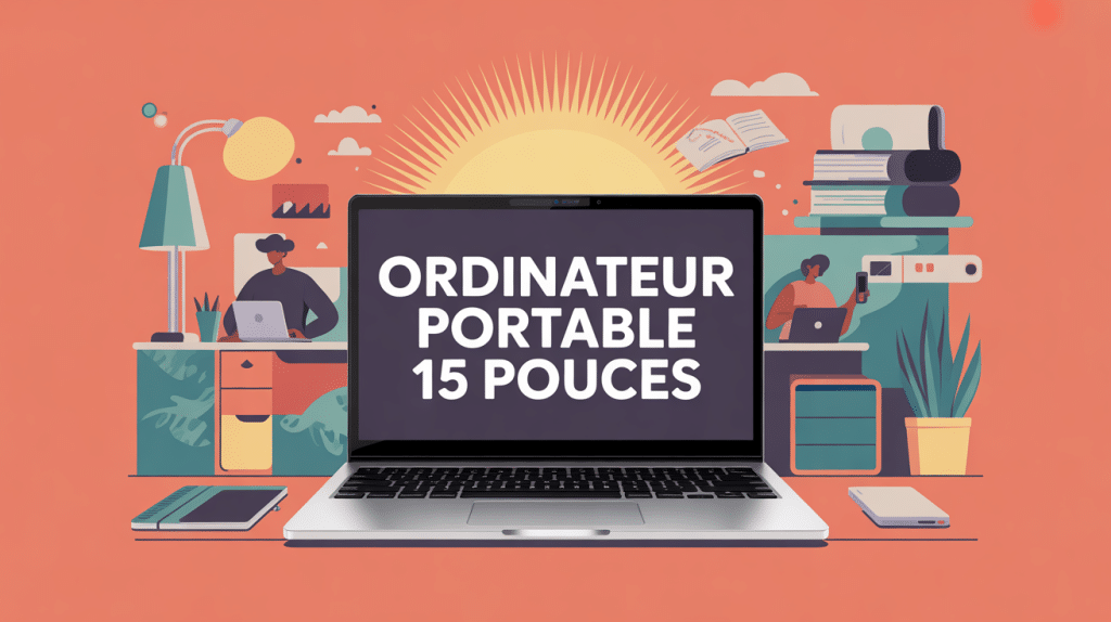 illustration taille ordinateur 15 pouces avec éléments mobilité et confort