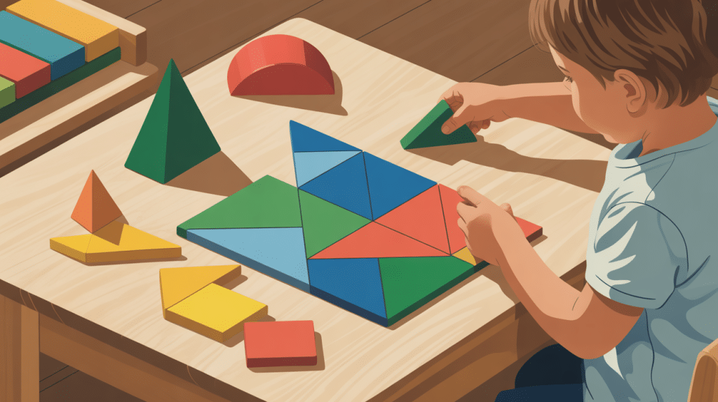 Enfant joue avec tangram montessori en bois sur table