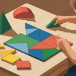 Enfant joue avec tangram montessori en bois sur table