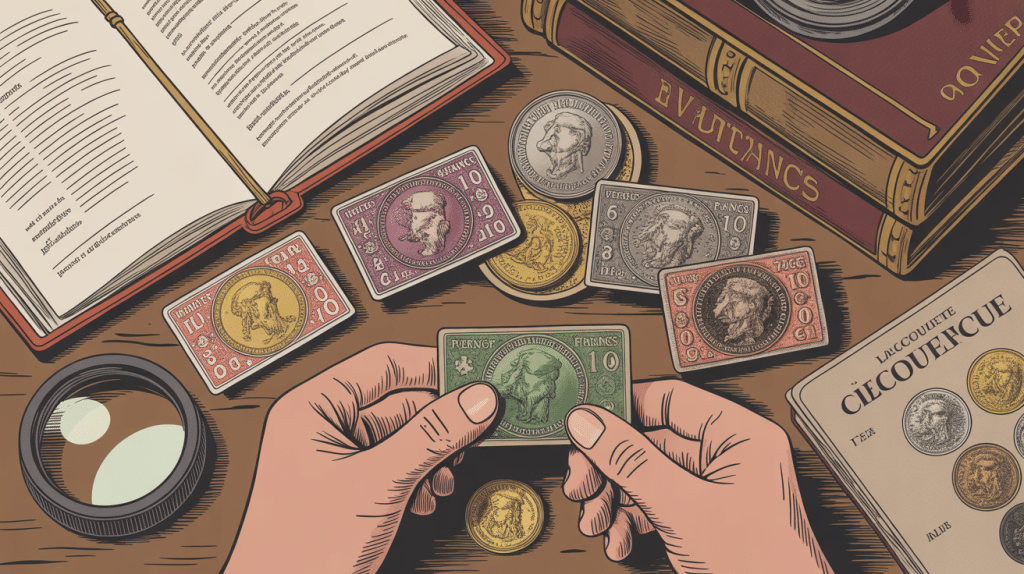 Illustration de pièces de francs sur table, loupe et catalogue