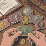 Illustration de pièces de francs sur table, loupe et catalogue