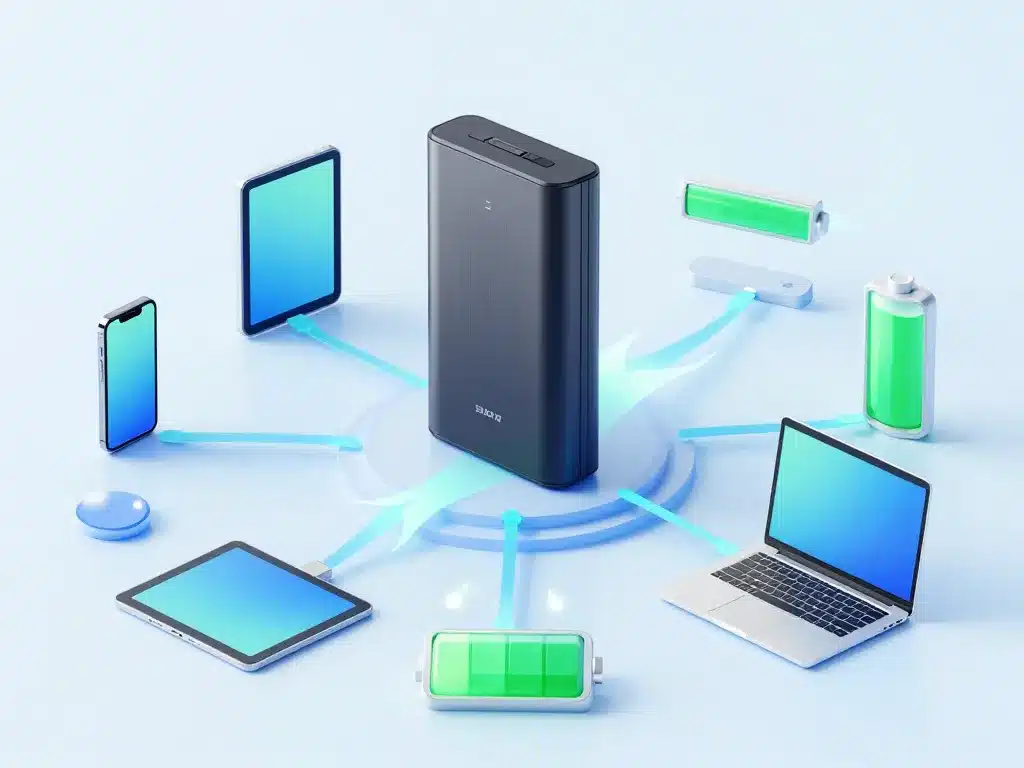 Schéma concept power bank charger 20000mAh connecté à plusieurs appareils