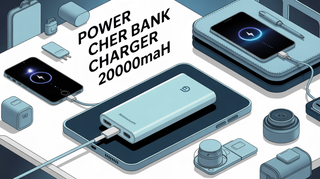 Illustration moderne power bank charger 20000mAh avec smartphone et objets de voyage