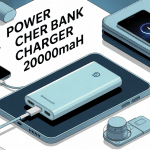 Illustration moderne power bank charger 20000mAh avec smartphone et objets de voyage