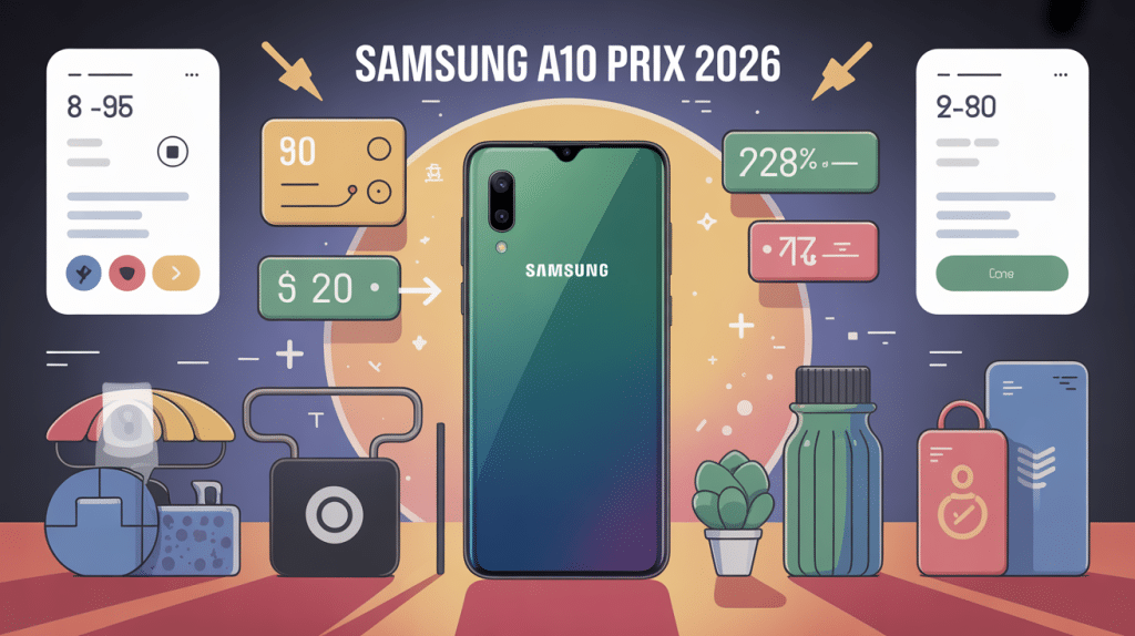 Illustration Samsung A10 prix 2026 sécurité et accessoires