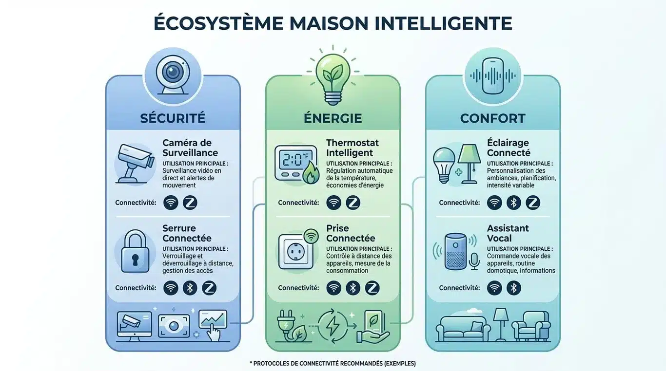 Infographie récapitulative des objets connectés : sécurité, énergie et confort