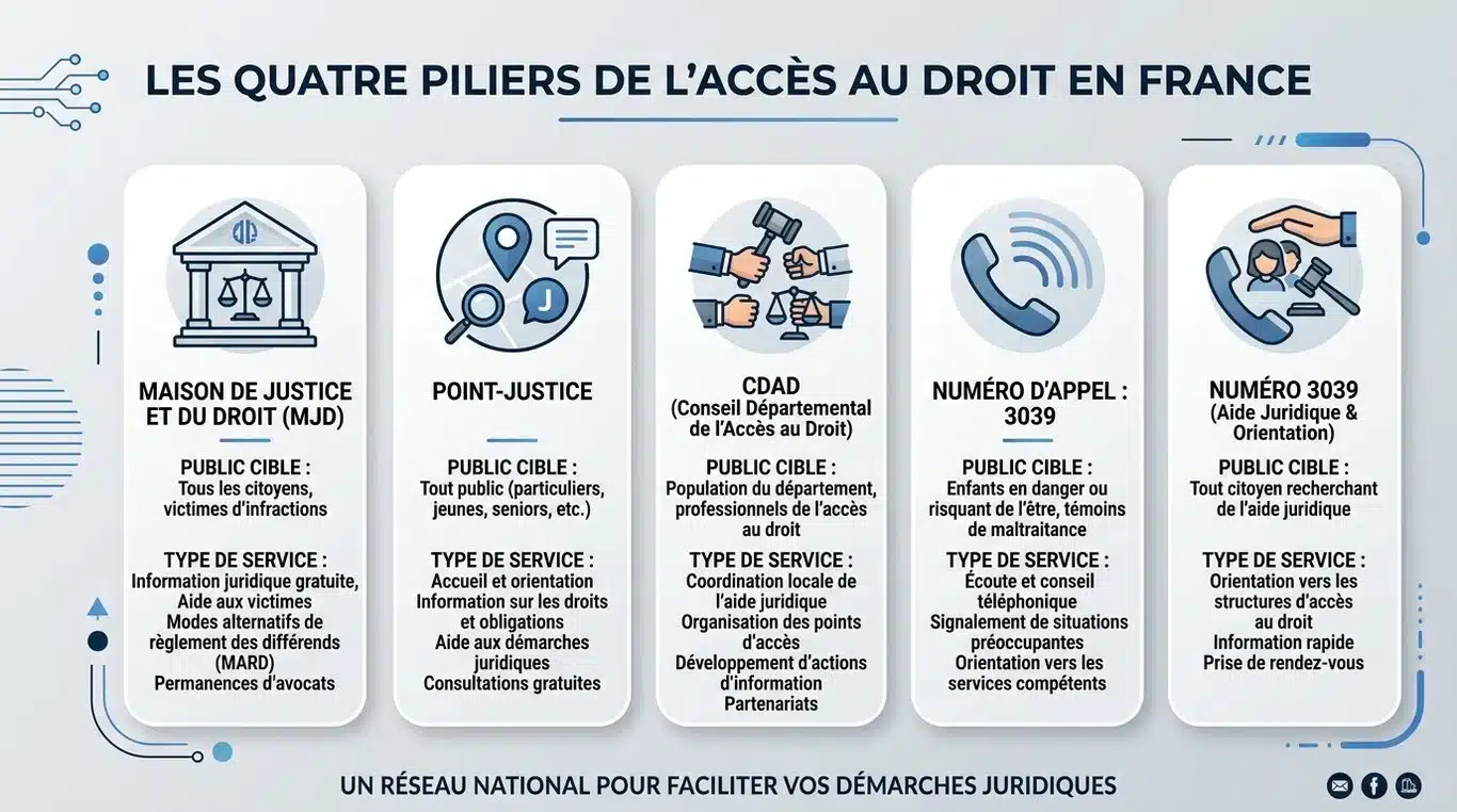 Infographie récapitulative des 4 piliers de l'accès au droit en France