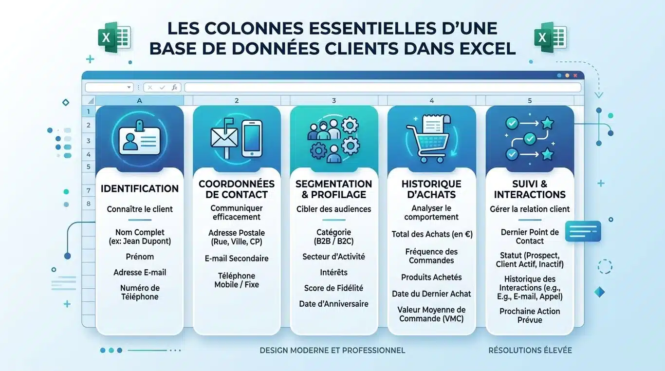 Infographie des colonnes essentielles pour un fichier client Excel