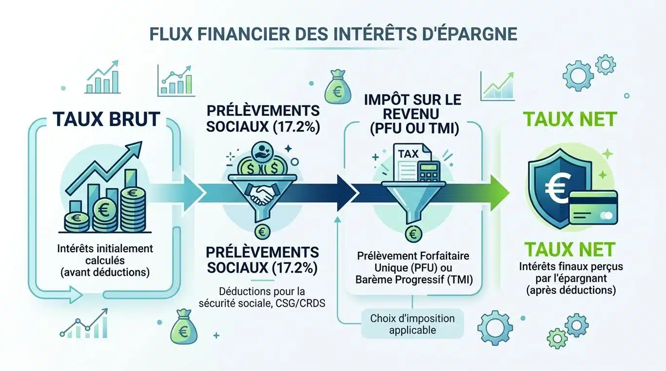 Infographie illustrant le calcul du taux net d'épargne après prélèvements sociaux et fiscaux
