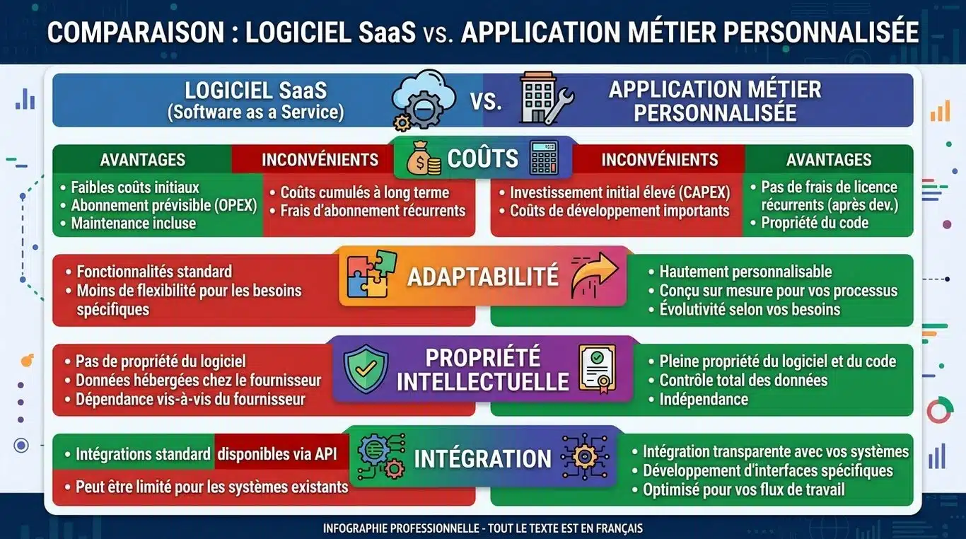 Infographie comparative : Logiciel SaaS vs Application métier sur-mesure
