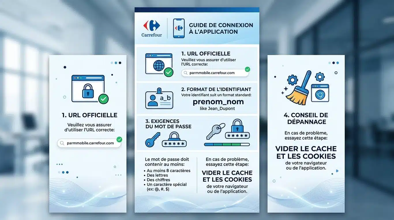 Infographie récapitulative des étapes de connexion et dépannage pour Parm Mobile Carrefour
