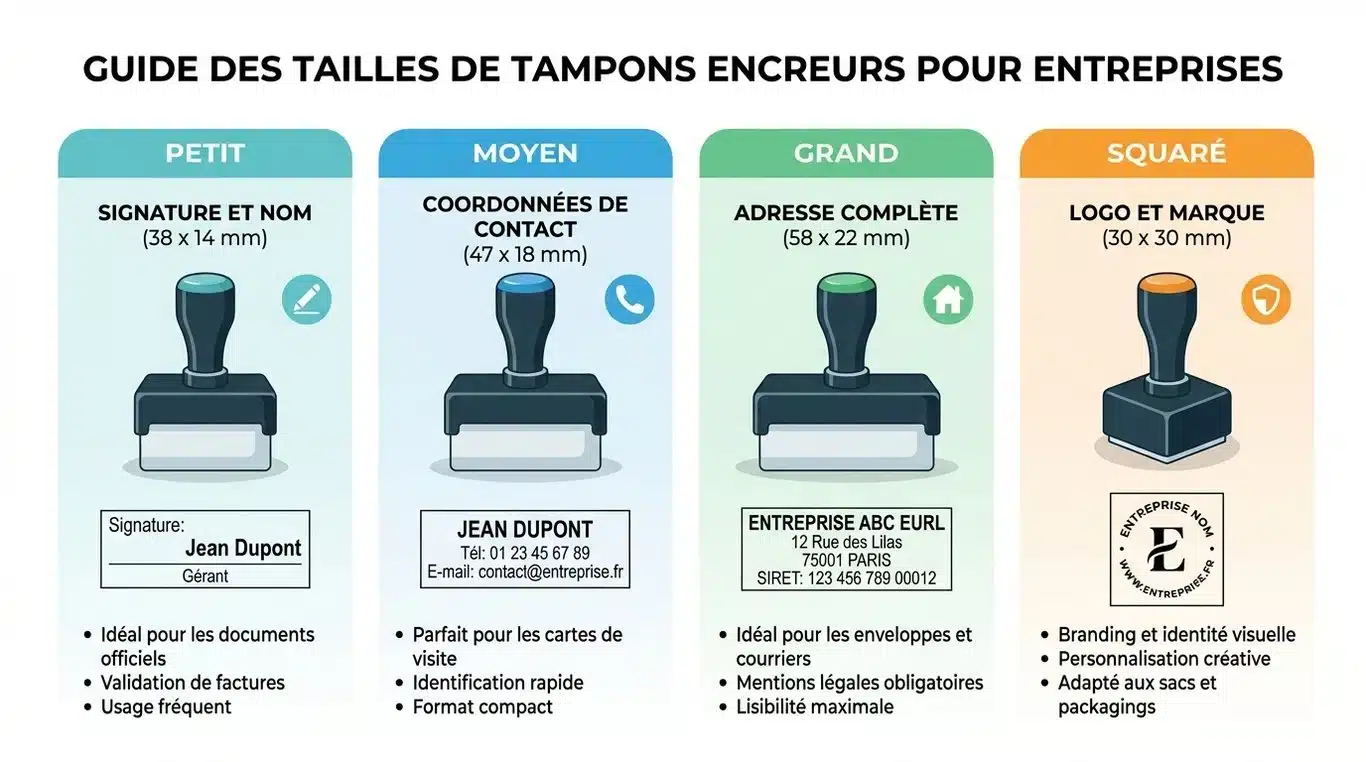 Infographie récapitulative des formats de tampons encreurs pour auto-entrepreneur selon l'usage