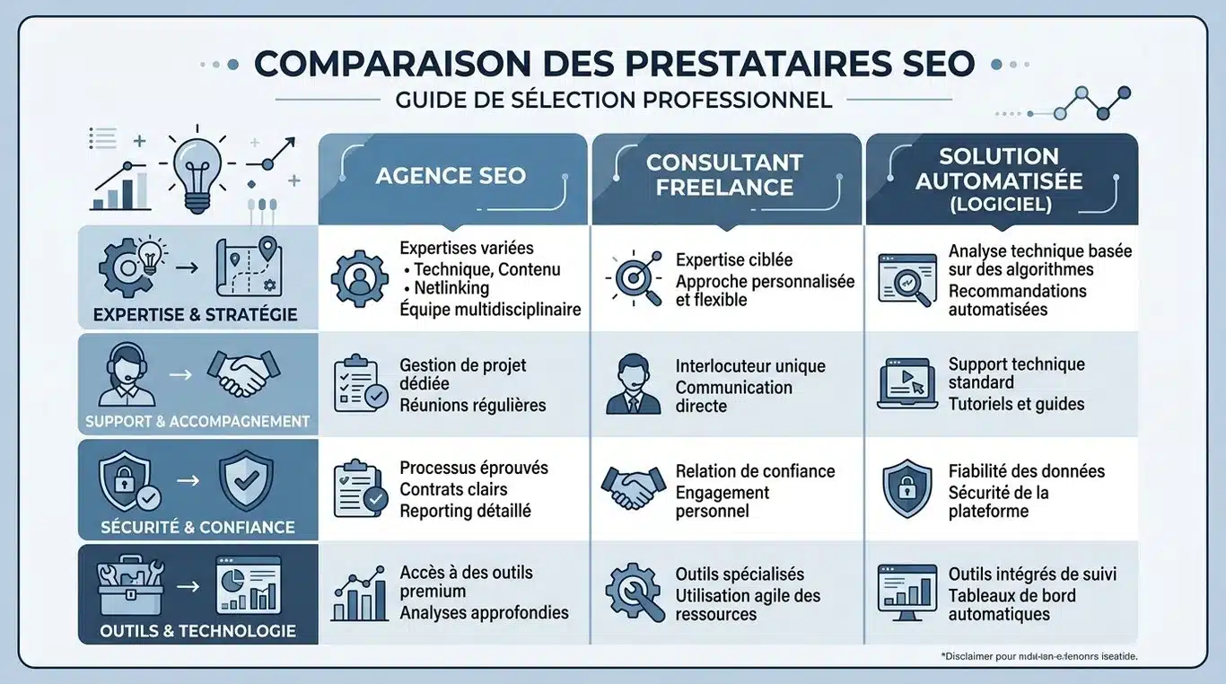 Infographie comparative des solutions de référencement : Agence, Freelance et Solution automatisée