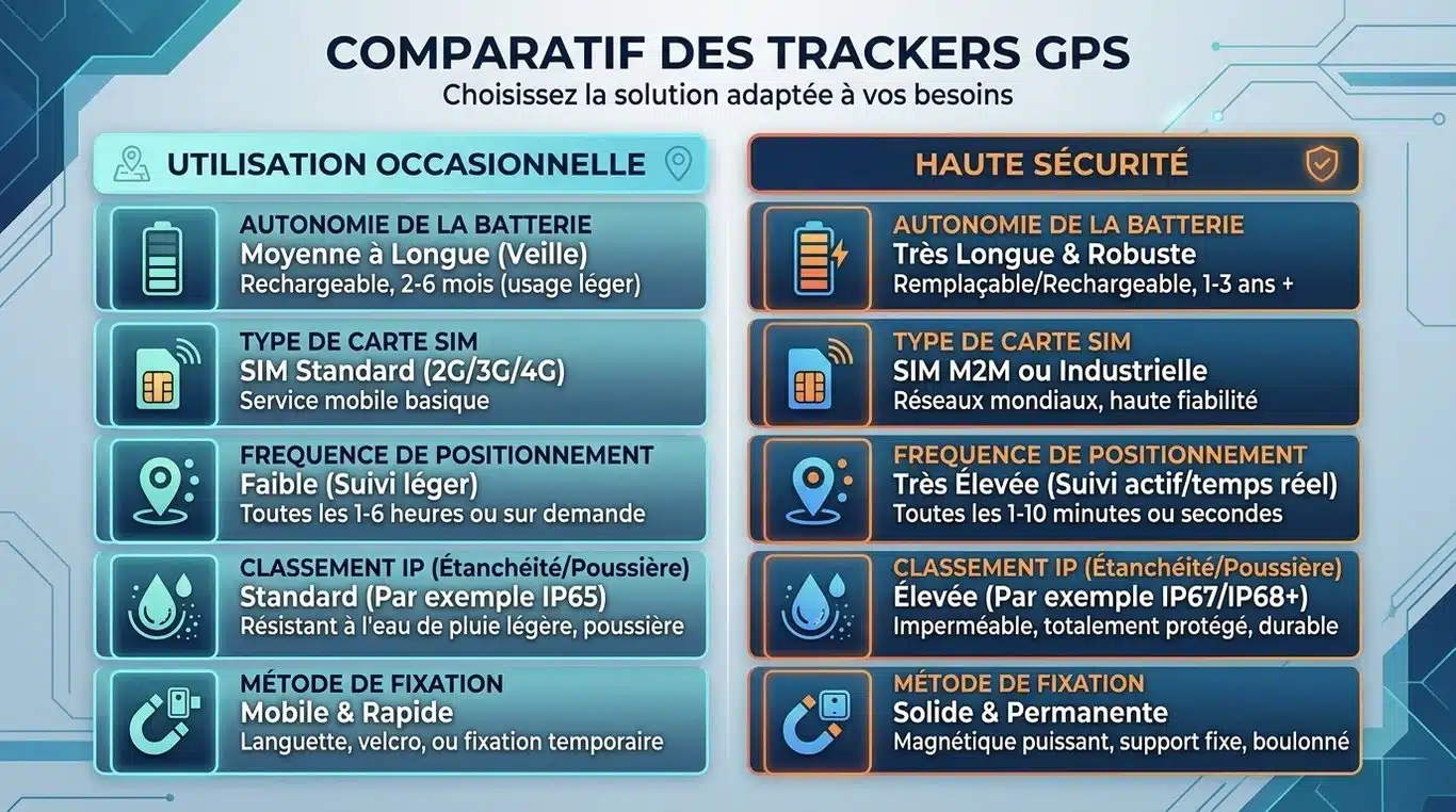 Infographie comparative des caractéristiques des traceurs GPS autonomes selon l'usage