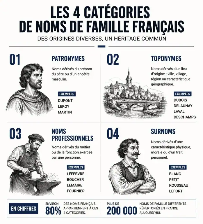 Infographie sur les quatre catégories de noms de famille français : patronymes, toponymes, noms de métiers et surnoms.
