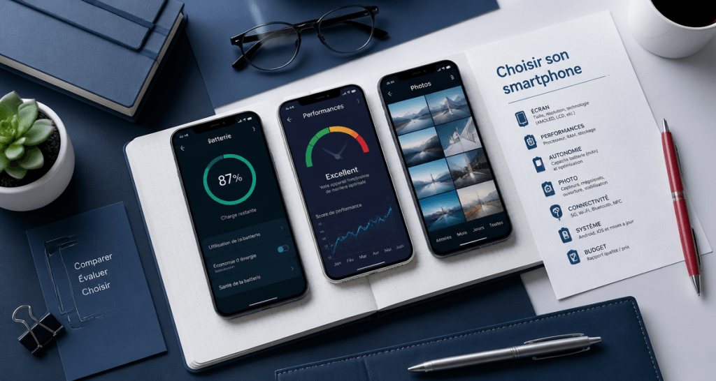 choisir son téléphone portable par critère, flat-lay smartphones et accessoires