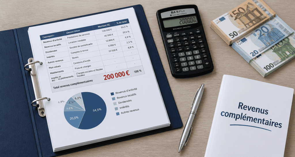 combien rapporte 200 000 euros placés par mois, bureau et calculatrice