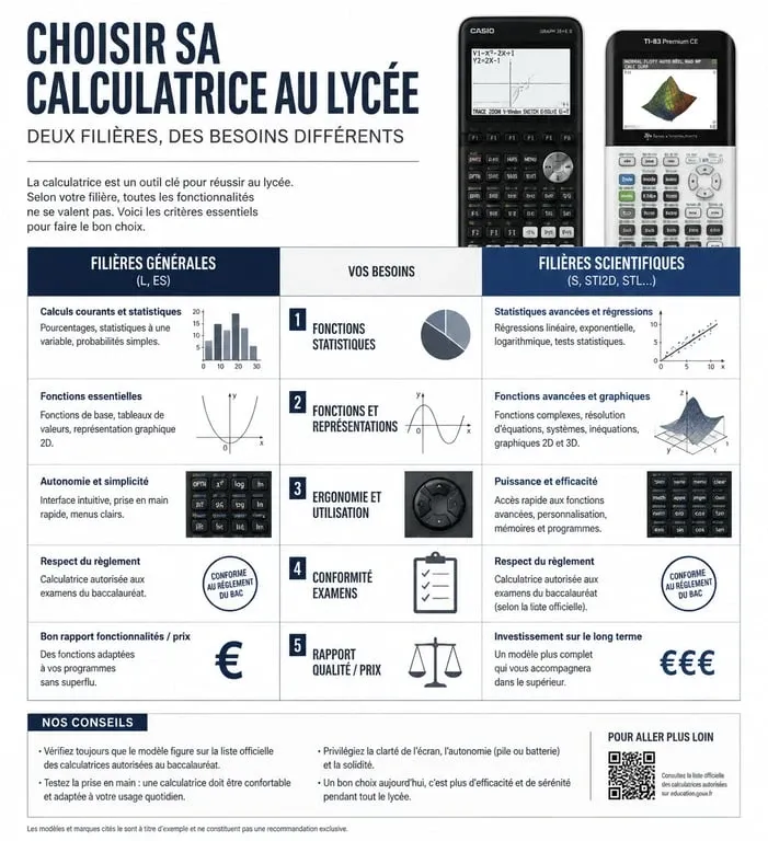 Infographie comparative des critères de choix d'une calculatrice pour le lycée
