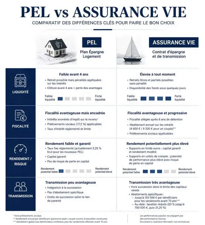 Infographie comparative entre le PEL et l'assurance vie : liquidité, fiscalité et risque
