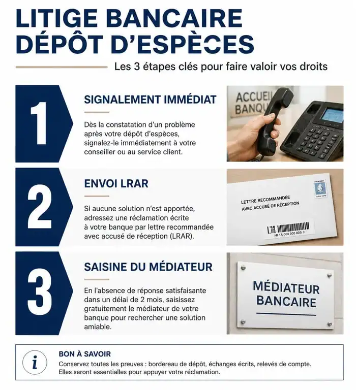Infographie des étapes de réclamation en cas de problème de dépôt d'espèces à la Caisse d'Épargne
