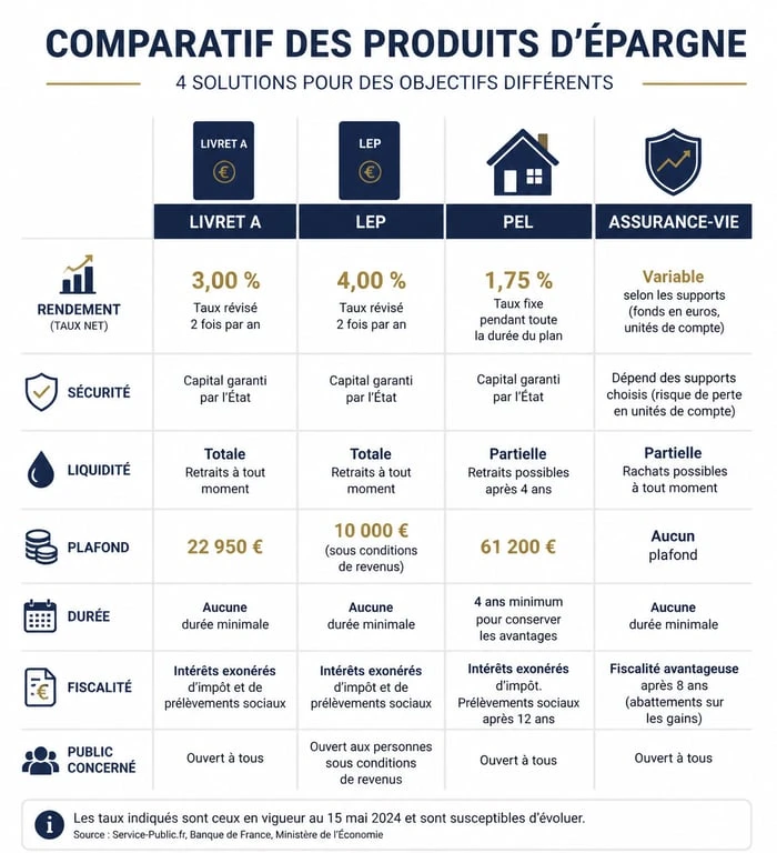 Comparatif des meilleurs placements bancaires : Livret A, LEP, PEL et Assurance-vie