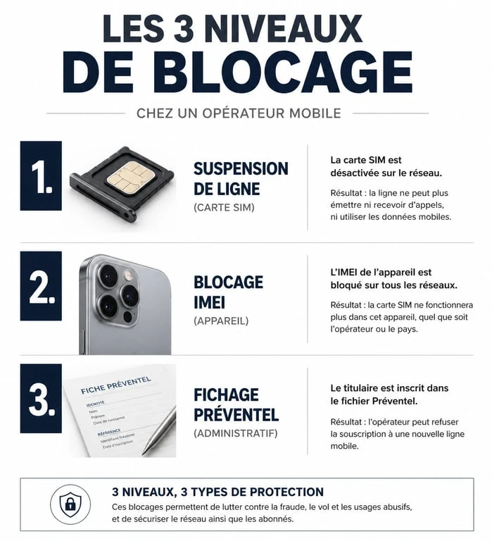 Infographie expliquant les différents types de blocage d'un téléphone pour non paiement : suspension de ligne, blocage IMEI et fichage Préventel.
