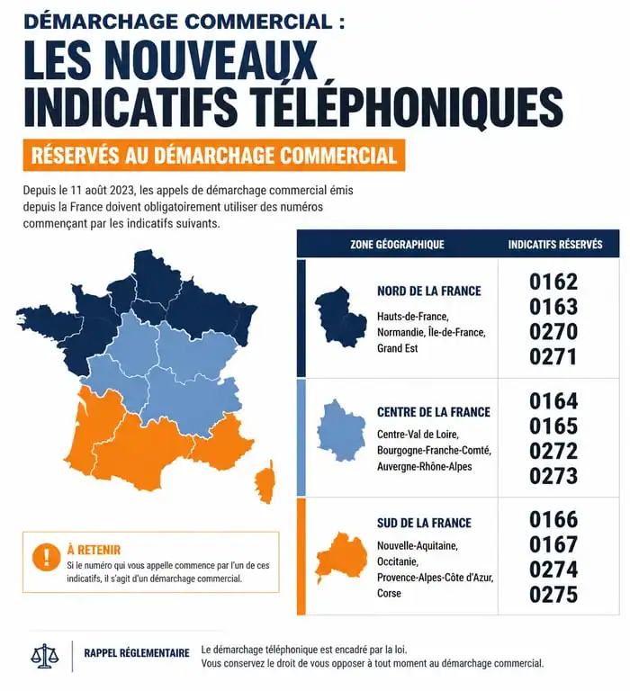 Tableau des indicatifs téléphoniques réservés au démarchage commercial en France