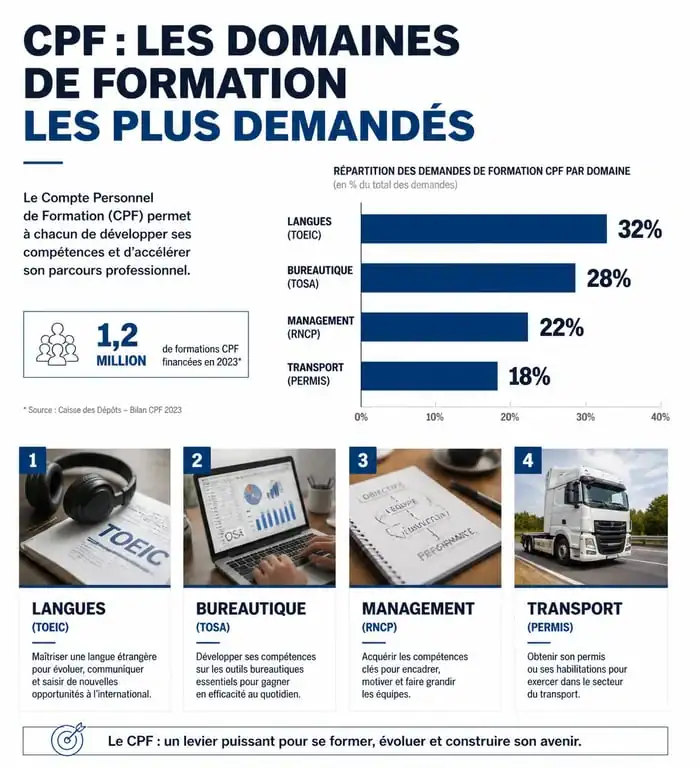 Infographie des meilleures formations CPF par domaine et certification