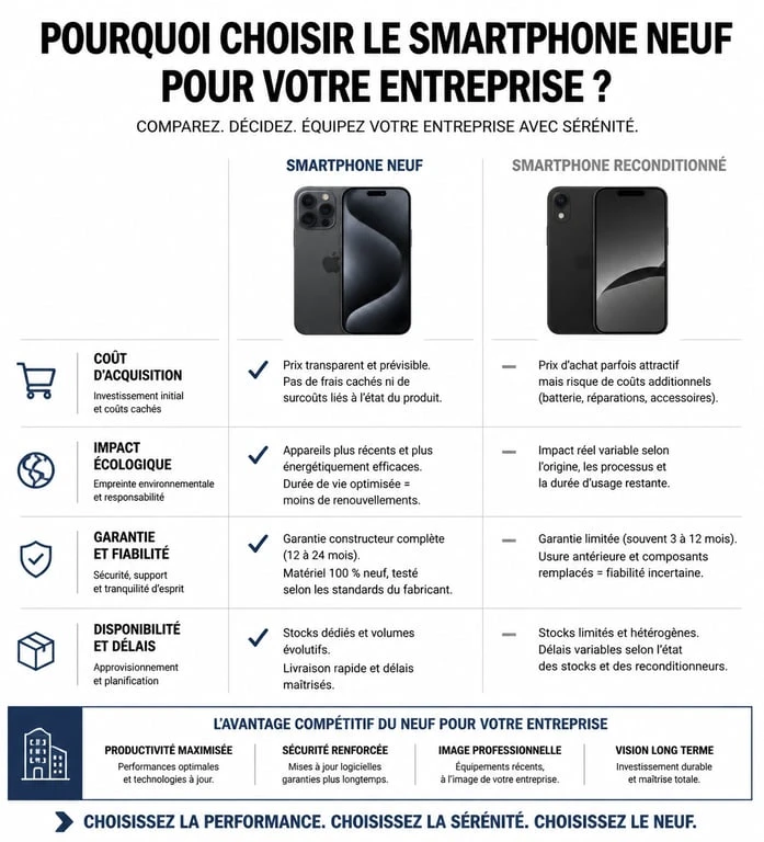 Comparatif smartphone professionnel : neuf vs reconditionné pour entreprise