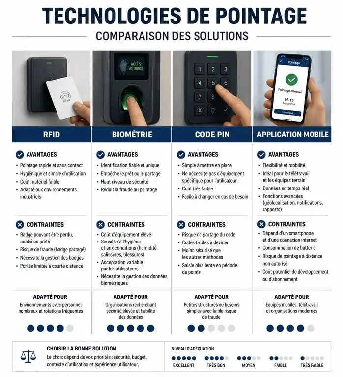 Comparatif des technologies de pointeuse badgeuse : RFID, biométrie et mobile
