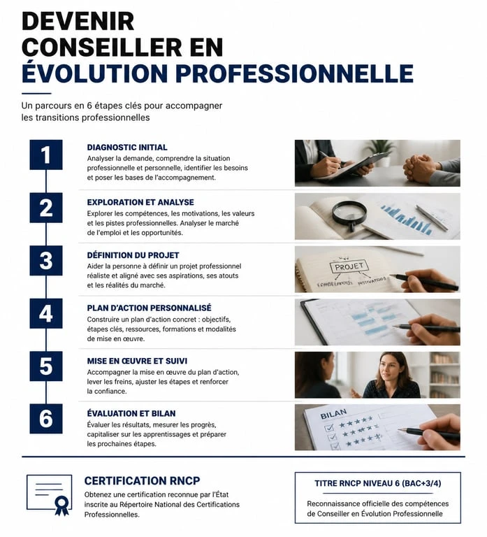 Infographie des étapes du parcours de formation pour devenir conseiller en évolution professionnelle certifié RNCP