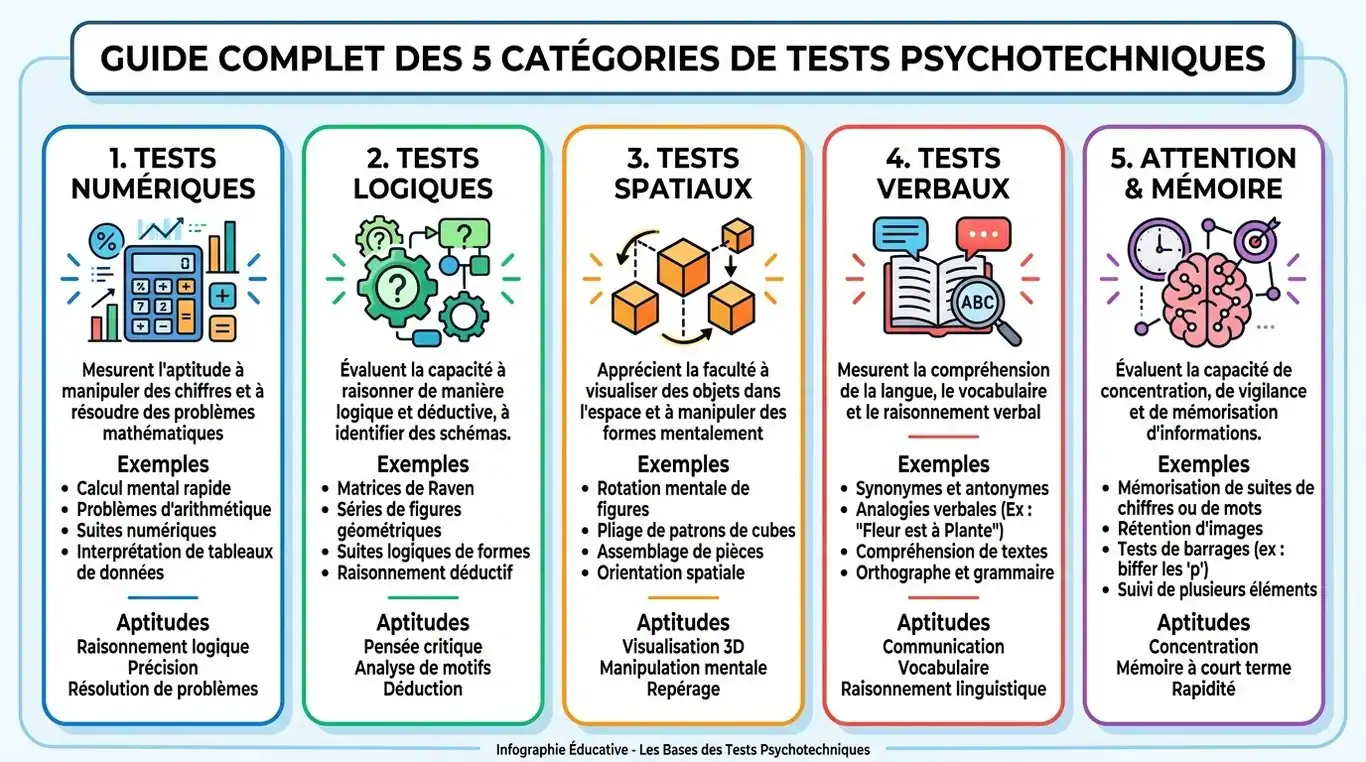 Infographie des 5 grandes familles de tests psychotechniques