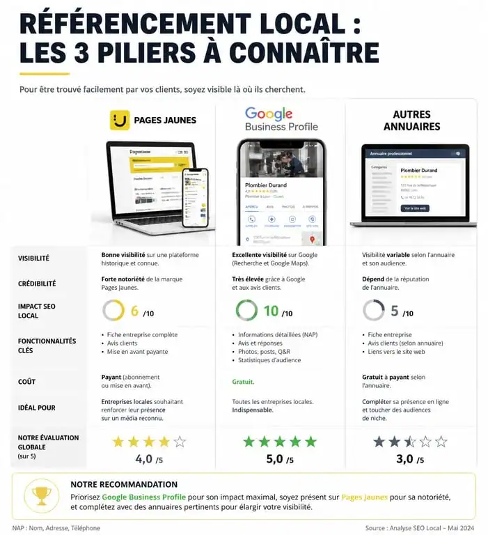 Infographie comparative des piliers du référencement local pour professionnels : Pages Jaunes, Google et autres annuaires