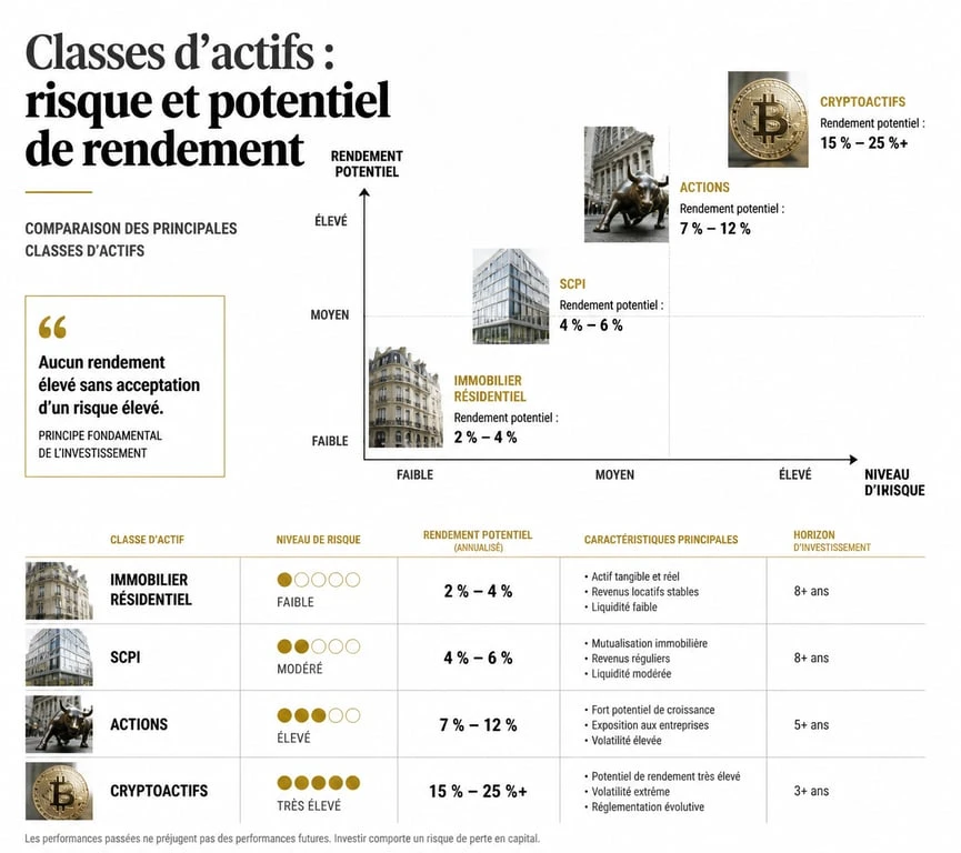 Infographie comparative des actifs pour devenir rentier : risque et rendement