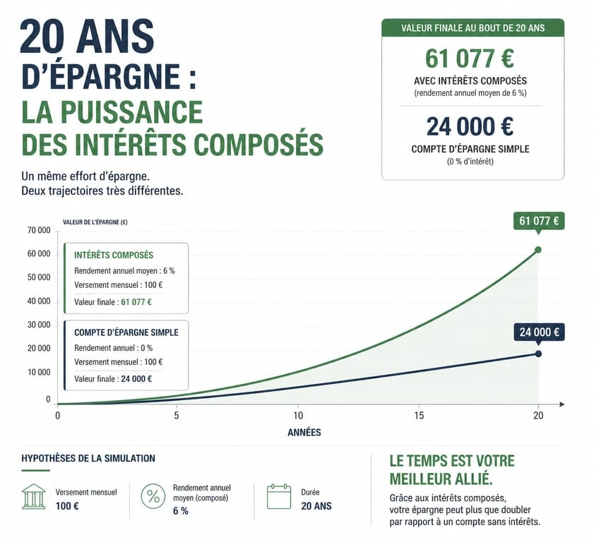 Infographie illustrant la puissance des intérêts composés pour une simulation d'épargne efficace