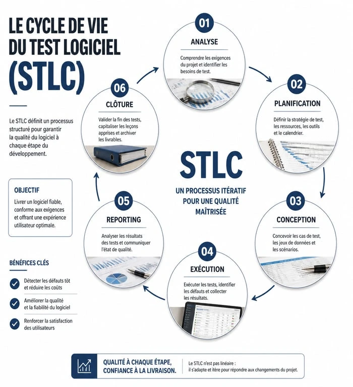 Infographie du cycle de vie du test logiciel pour devenir testeur logiciel