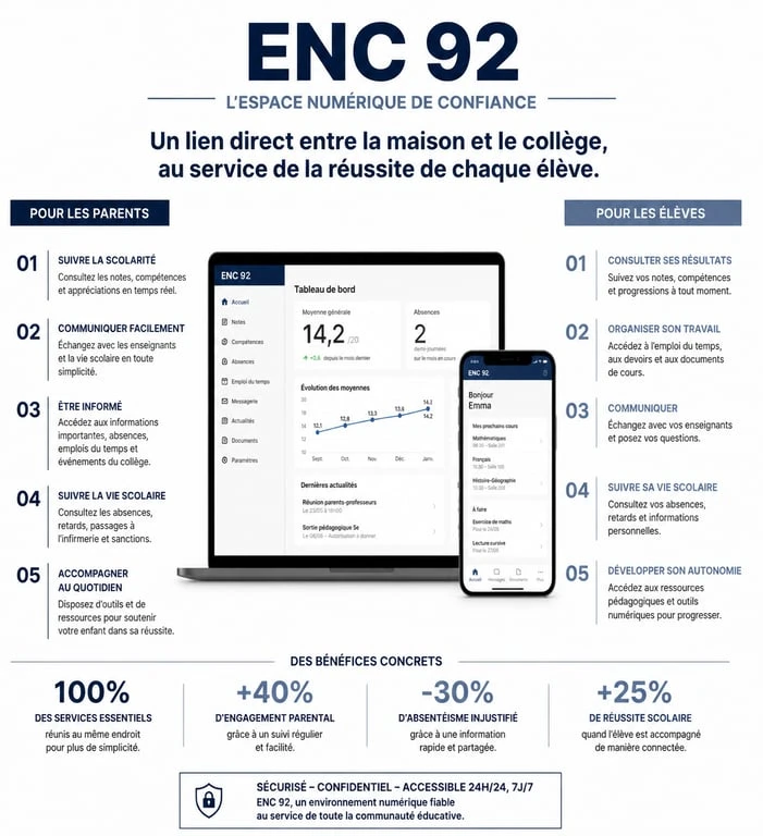 Infographie des fonctionnalités de l'ENC Hauts-de-Seine pour les parents et les élèves