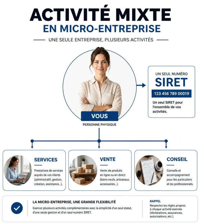 Schéma explicatif de l'activité mixte en micro-entreprise avec un seul SIRET
