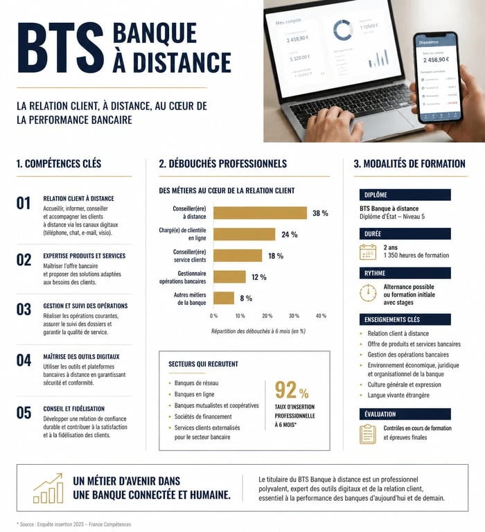 Infographie récapitulative du BTS Banque à distance : compétences, métiers et débouchés