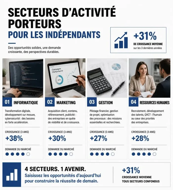 Infographie des secteurs qui recrutent pour un emploi pour indépendant