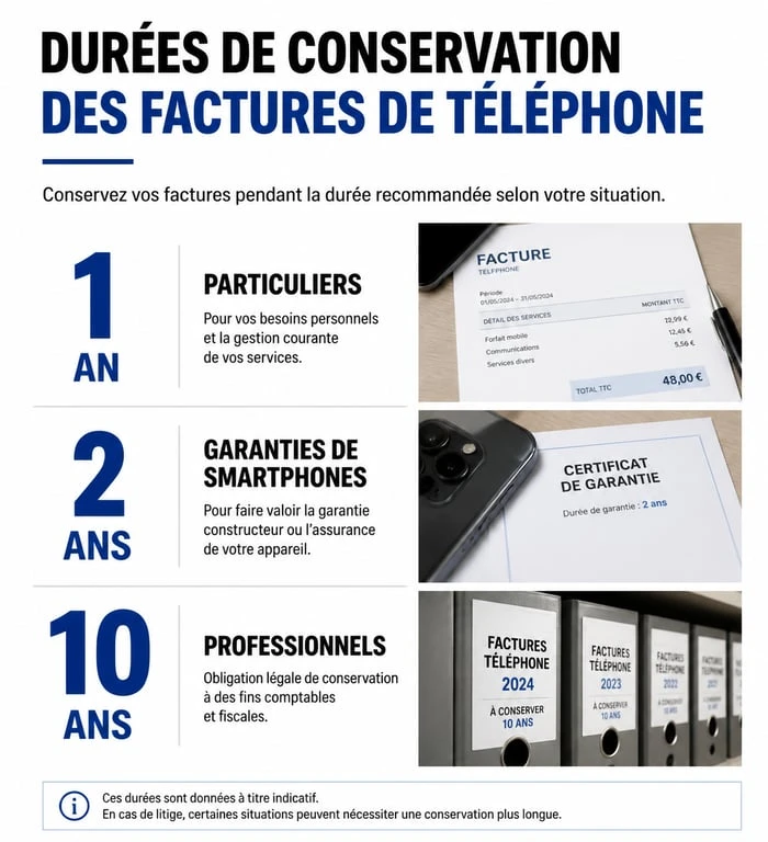 Infographie des durées de conservation des factures de téléphone pour particuliers et professionnels