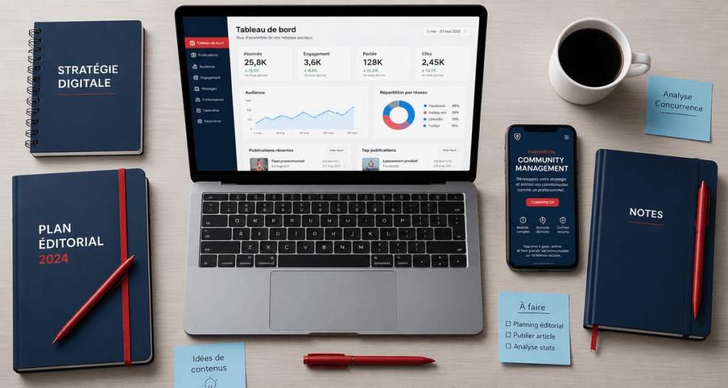 Bureau avec outils de formation community management
