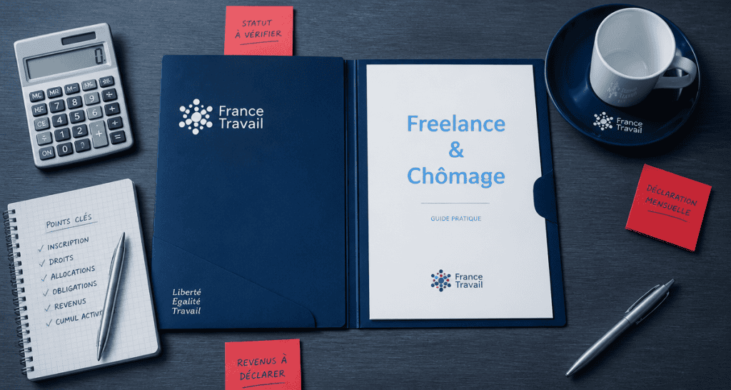 bureau avec dossier freelance et chomage