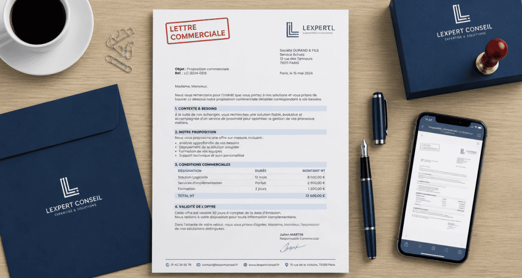 Lettre commercial exemple sur bureau, flat-lay