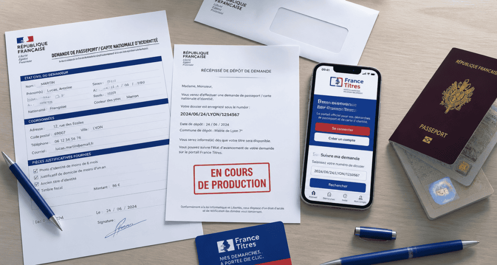 Passeport CNI en cours de production sur bureau administratif