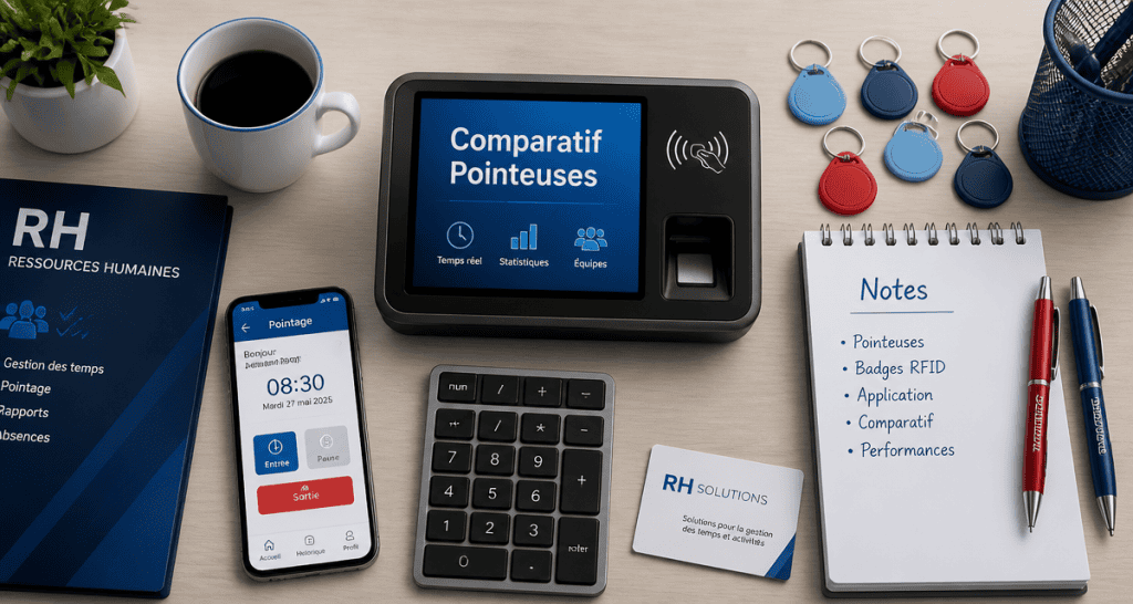 pointeuse badgeuse électronique et badges sur bureau RH
