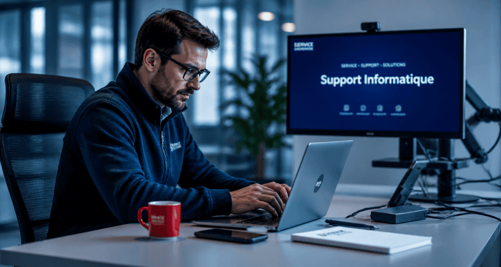 technicien assistance informatique configurant un ordinateur